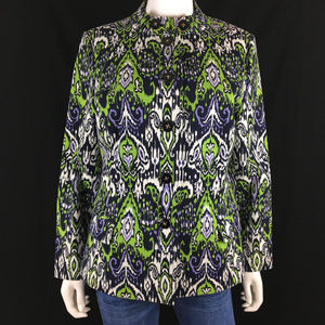 St John Sz L Green Silk Blend Paisley Print Blazer